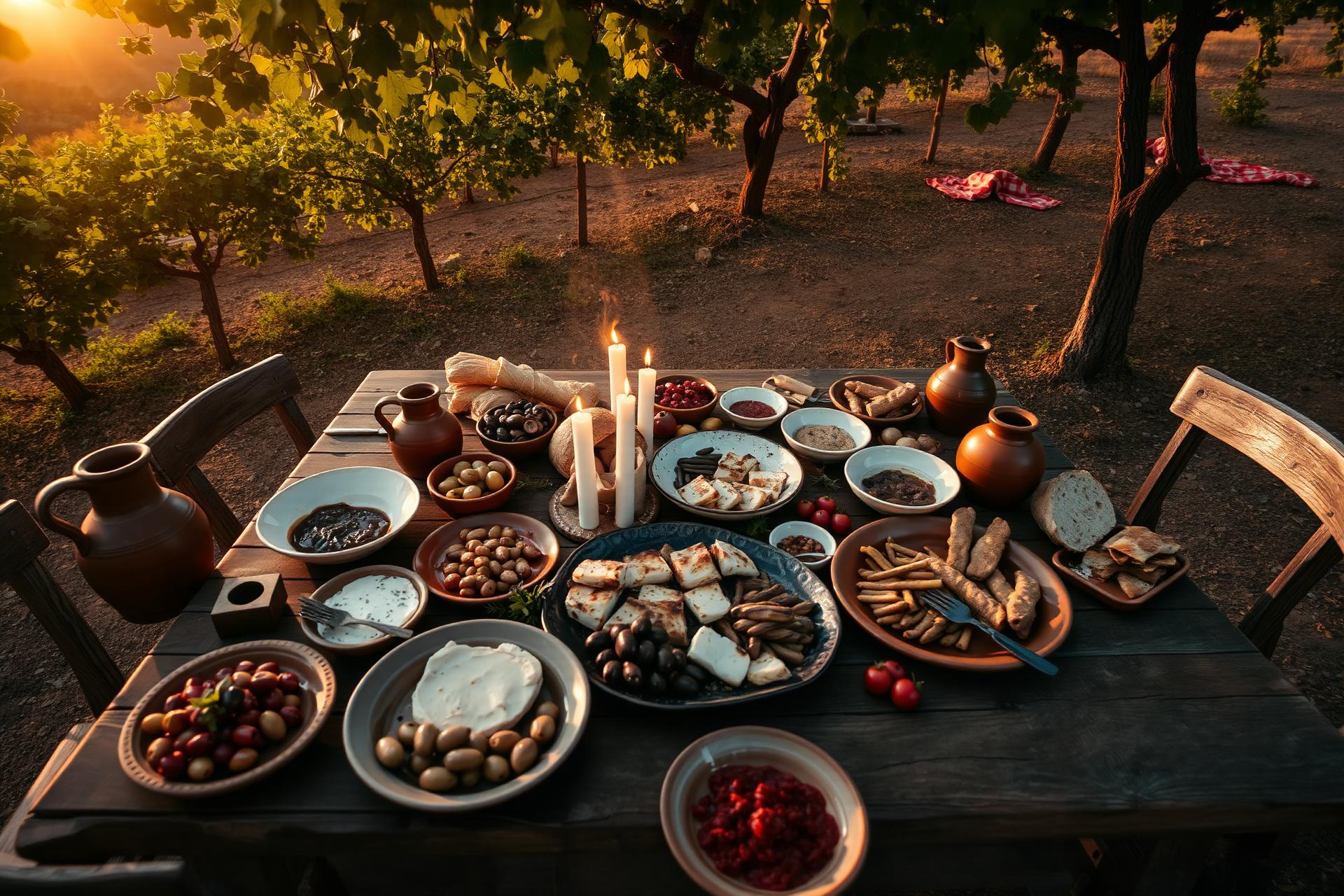 A traditional Cypriot meze table under grapevines at sunset